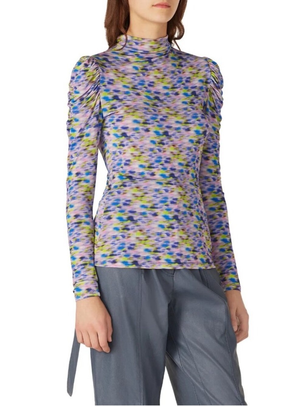 Tanya Taylor Adonica Long Sleeve High Neck Top In Blue Haze - Size XL